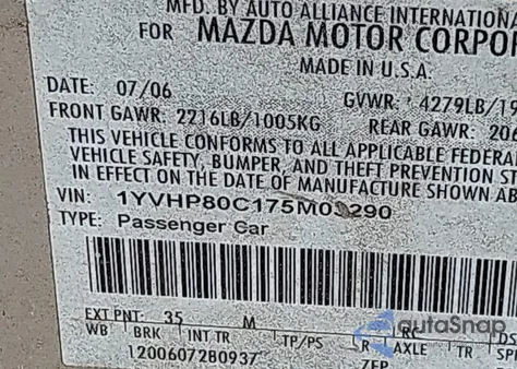 2007 Mazda Mazda6 I Sport Ve from USA, damaged, VIN 1YVHP80C175M03290
